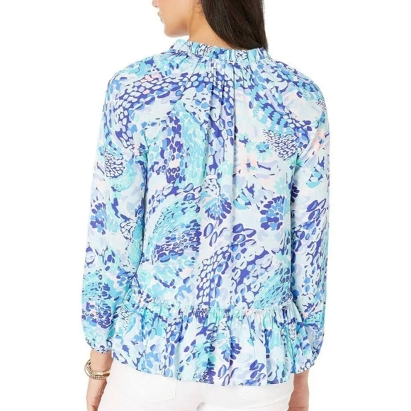 Lilly Pulitzer, Savanna Top Turquoise Oasis Wave After Wave Blouse Size Small - Picture 3 of 11